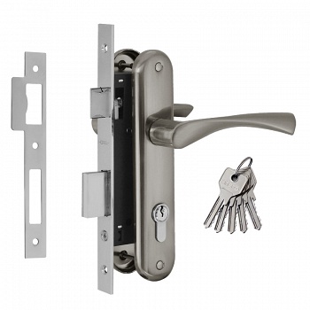 Замок. врезной с ручками 100-70мм Л/мат. никель/Нора-М